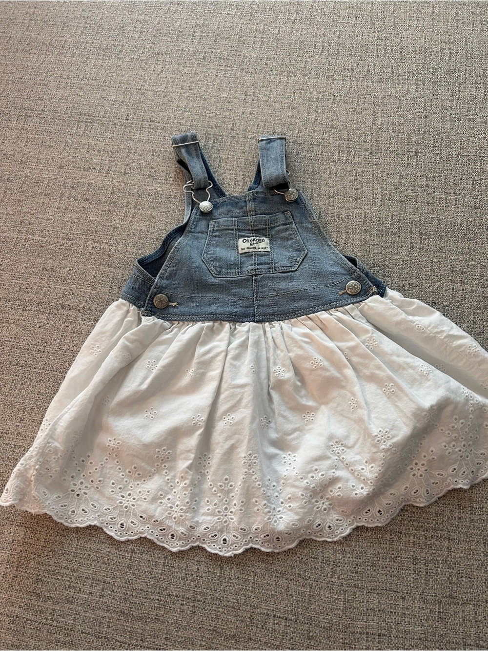 OshKosh B'gosh Denim Bib Dress with White Eyelet Skirt.  Size 2T